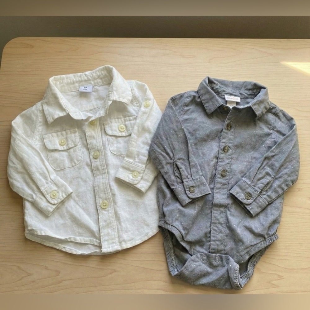 Baby Boy Bundle 0-6M Gap Linen White Shirt & Cat & Jack Gray Bodysuit